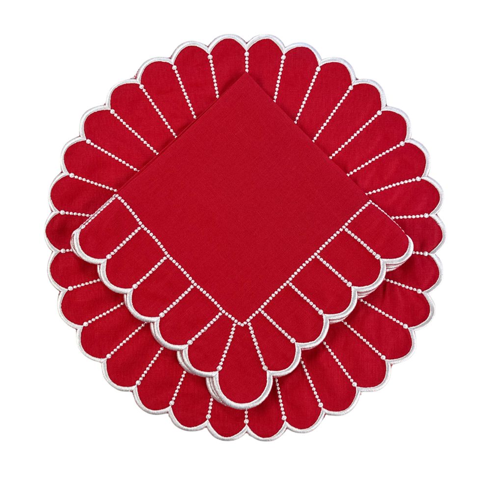 Red linen napkin  and placemat with scalloped edge and white embroidery luxury collection