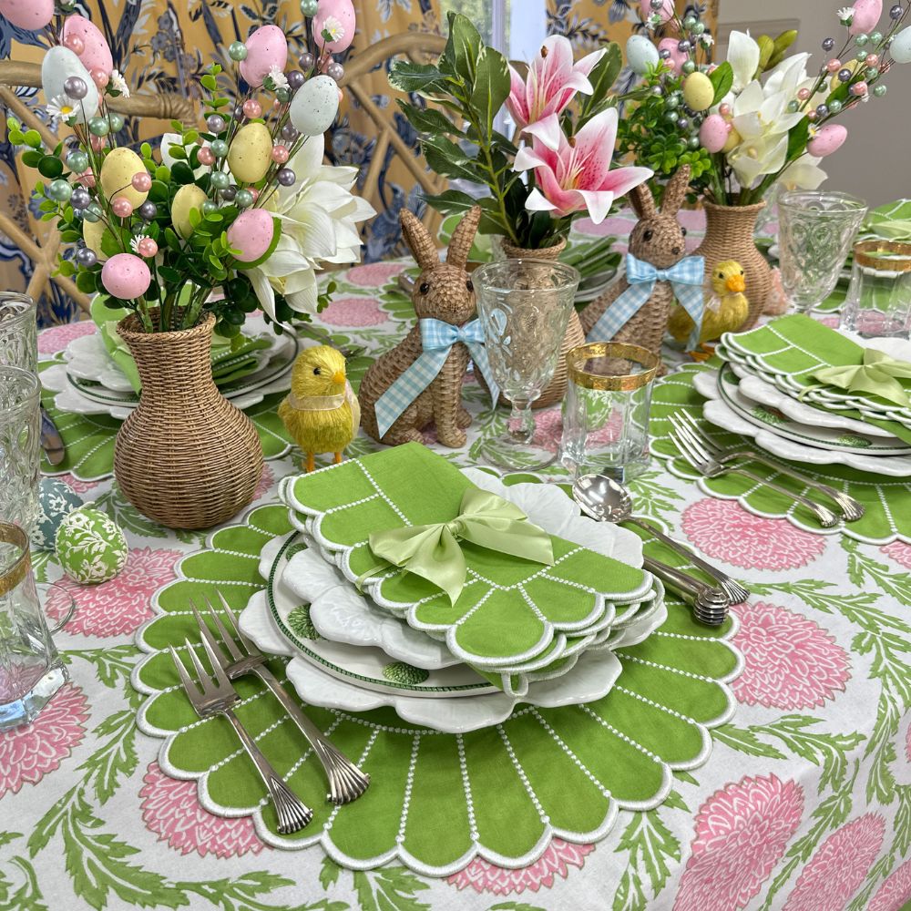 Easter tablescape, Easter placemat , Easter Napkin, green embroidered placemat, green embroidered napkin
