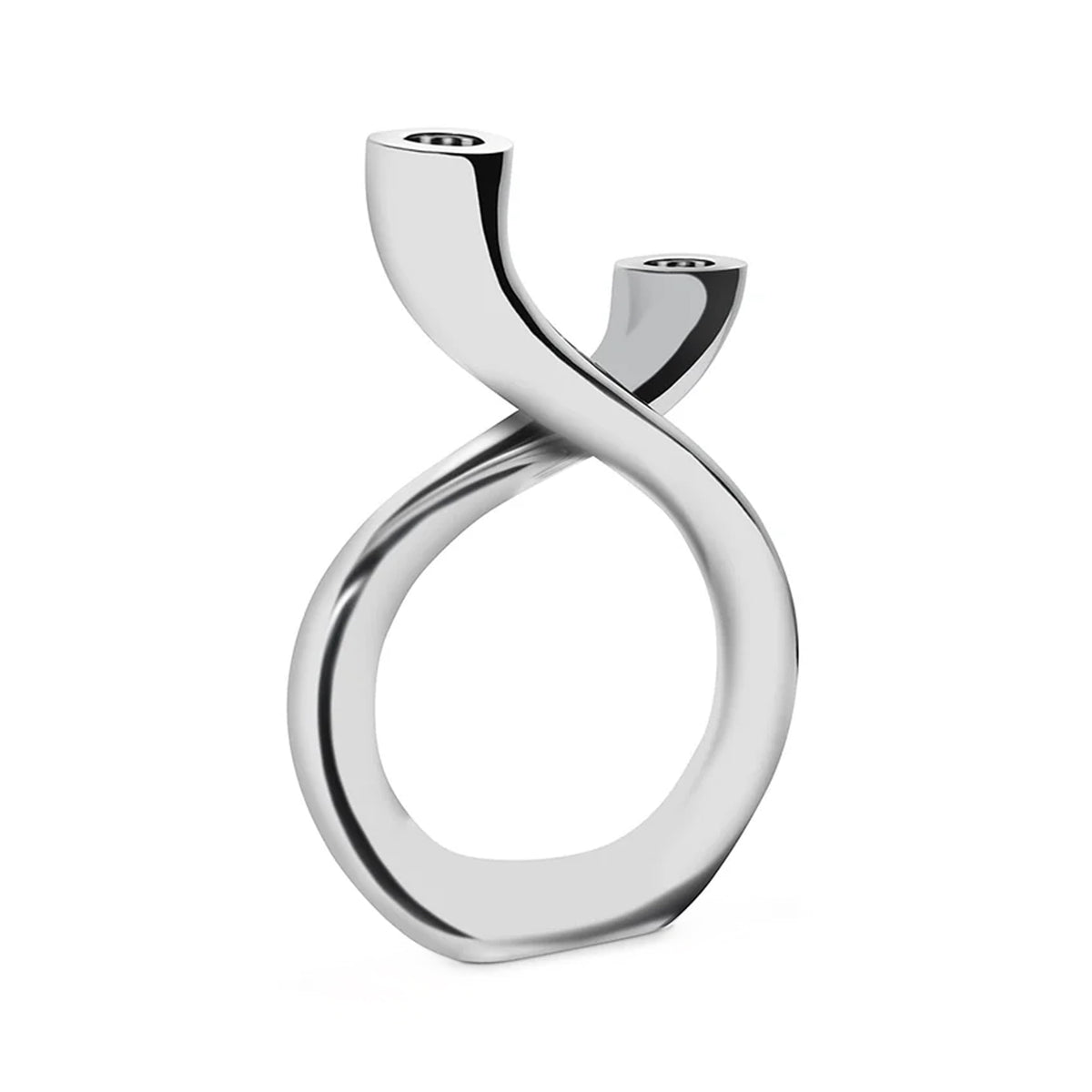 Front view of 9-inch Tango candleholder showcasing a polished silver twisted double-taper design on white background