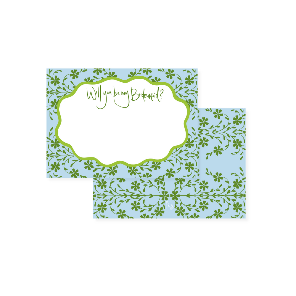 Front of Cornflower Botanical Gardens stationery card saying ‘Will you be my Bridesmaid?’ with blue floral border and matching envelope