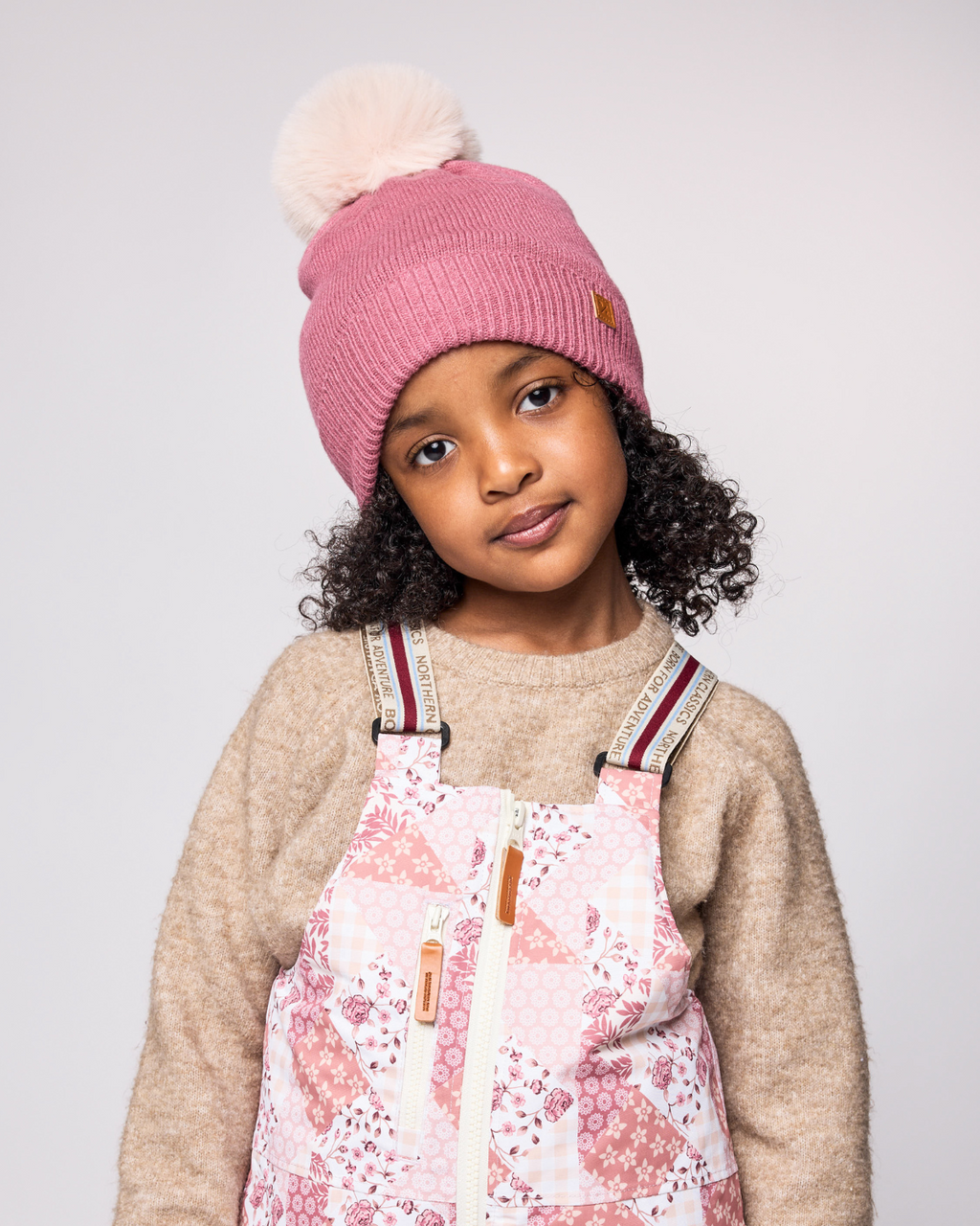 Rose Pink Knit Winter Hat with Faux Fur Pom