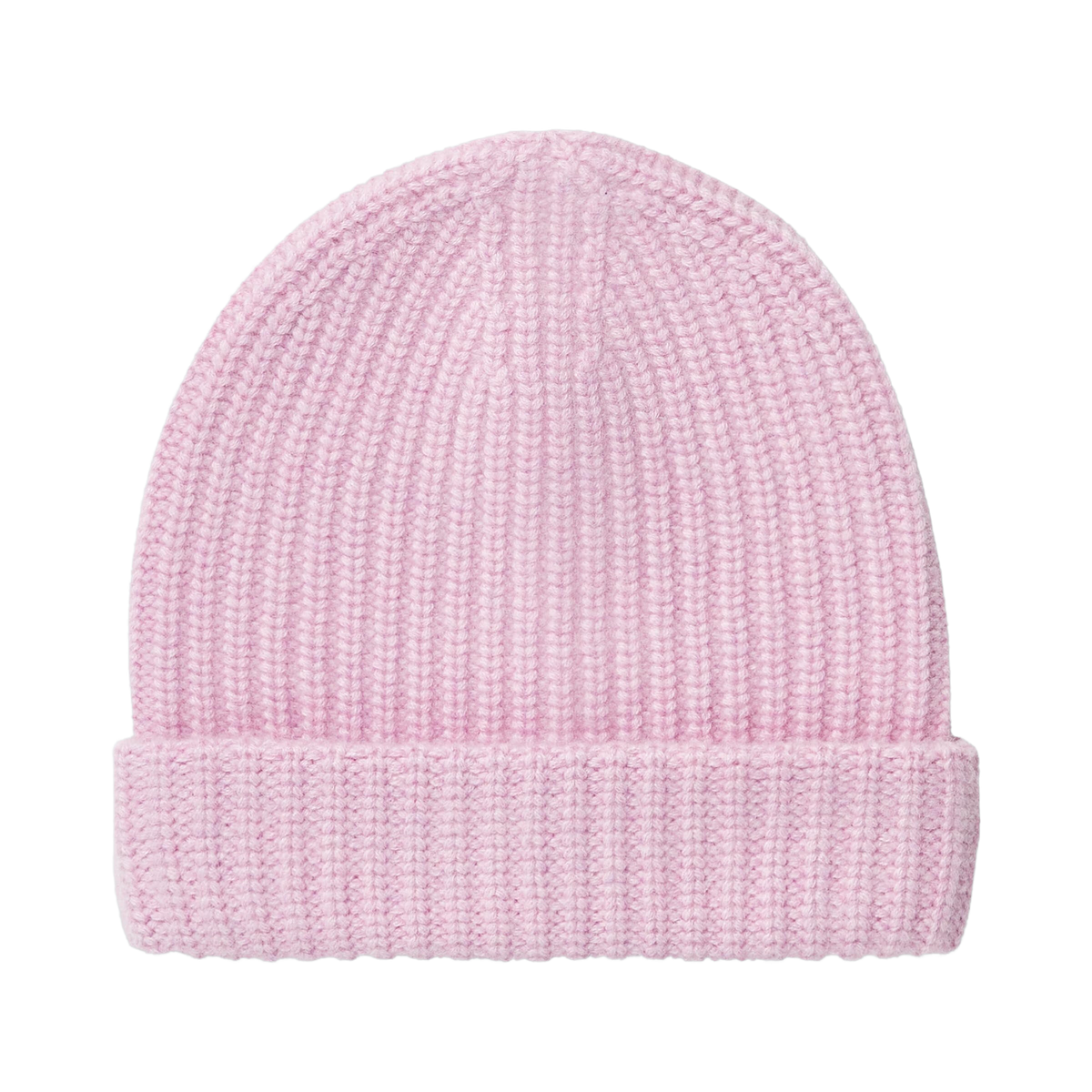 Flat-front view of Pure Pink cashmere beanie showcasing ribbed knit texture and folded cuff on white background