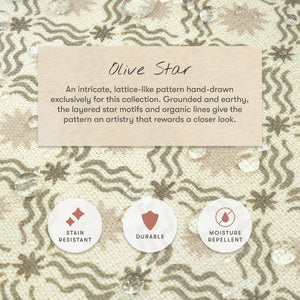 Olive Star fabric card showing a hand drawn lattice like pattern that is stain resistant durable and moisture repellent