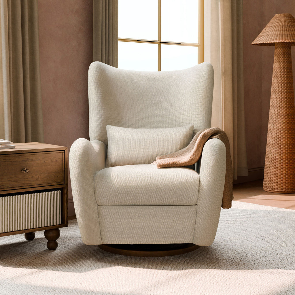 Front three-quarter view of Westham electronic recliner and glider in cream slub upholstery with a toffee base in a bright room