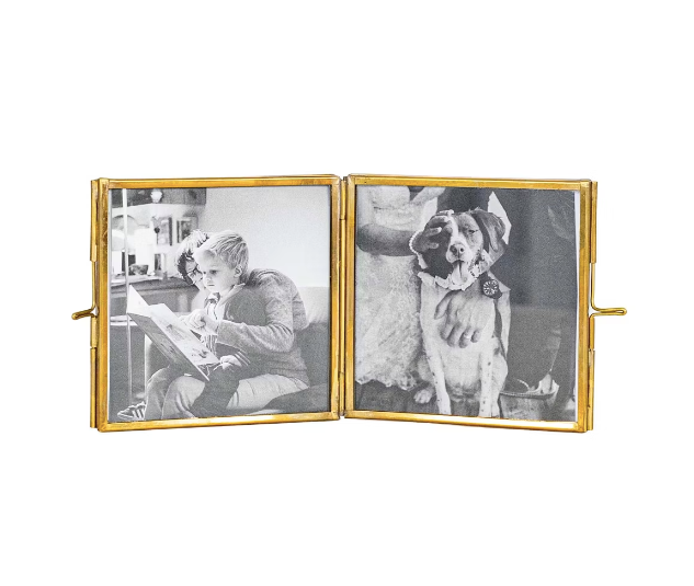 4x4 Folding Double Sided 2-Photo Tarnished Brass Metal Picture Frame w/ Glass Pane