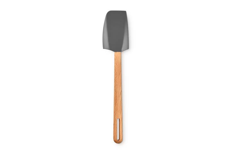 Top view of Signature Silicone Medium Spatula showcasing oyster silicone head and FSC-certified beech wood handle on white background