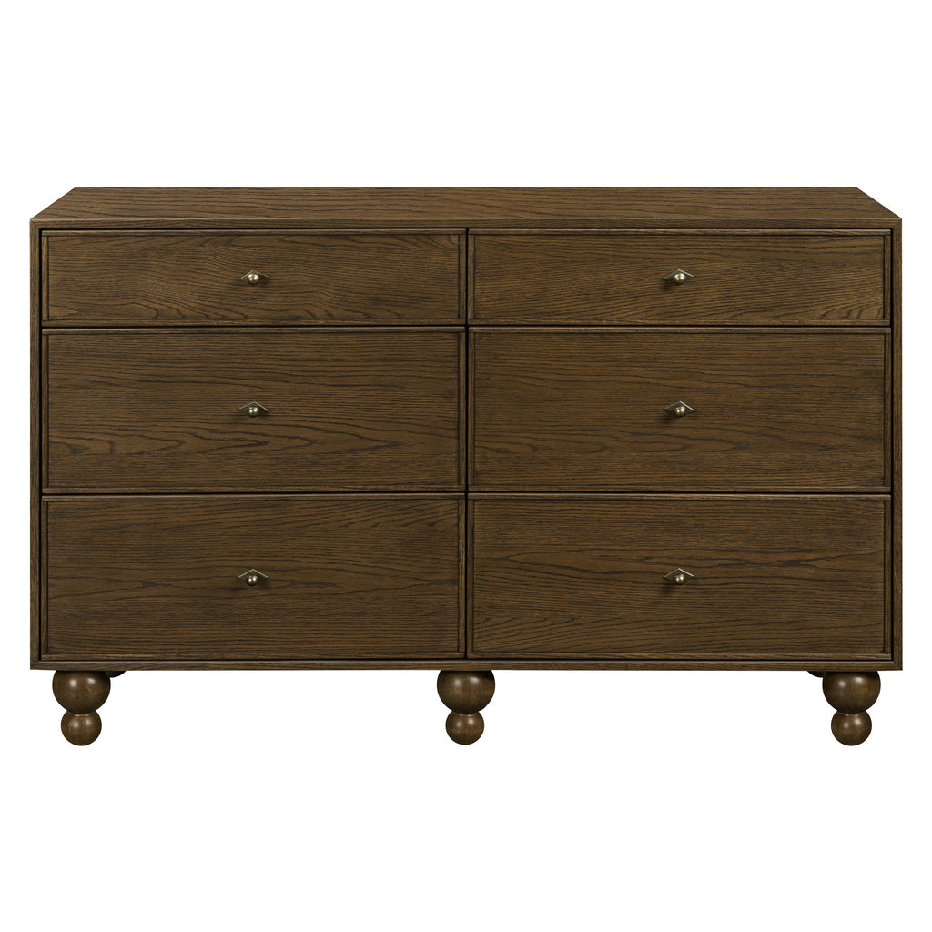 Front view of Astre 6-drawer dresser in Toffee showing six drawers, wood grain, and spherical feet on white