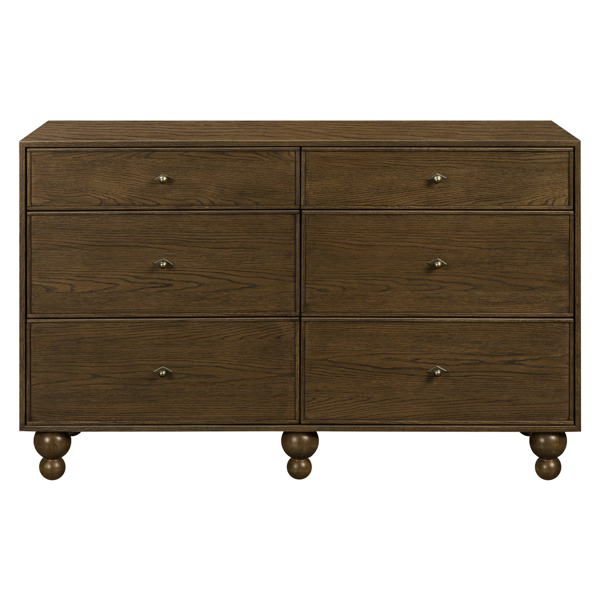 Front view of Astre 6-drawer dresser in Toffee showing six drawers, wood grain, and spherical feet on white