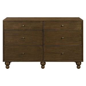 Front view of Astre 6-drawer dresser in Toffee showing six drawers, wood grain, and spherical feet on white