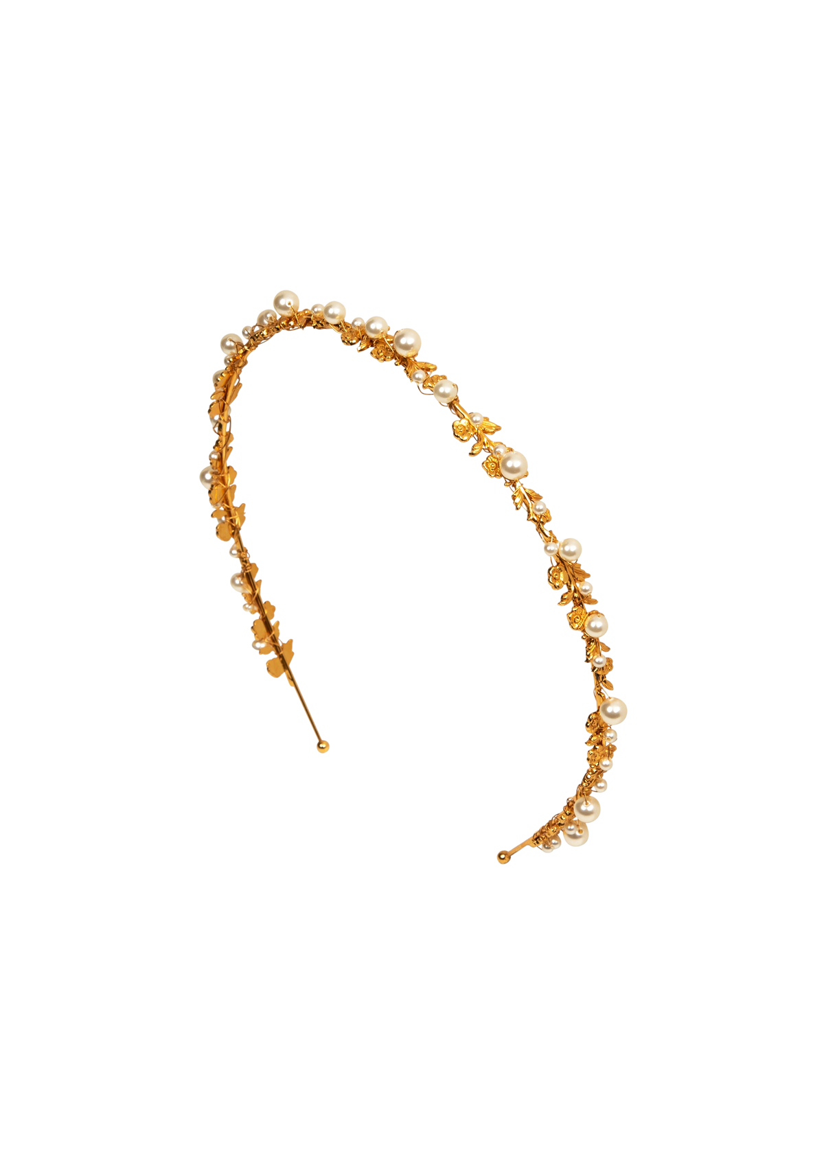 Front view of Mae Headband in Gold Pearl showcasing 18-karat gold-plated flowers and pearl details with a black background