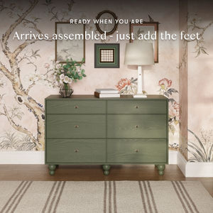 Front view of Astre wide six-drawer assembled dresser in Archival Elm with feet, arrives assembled, just add the feet