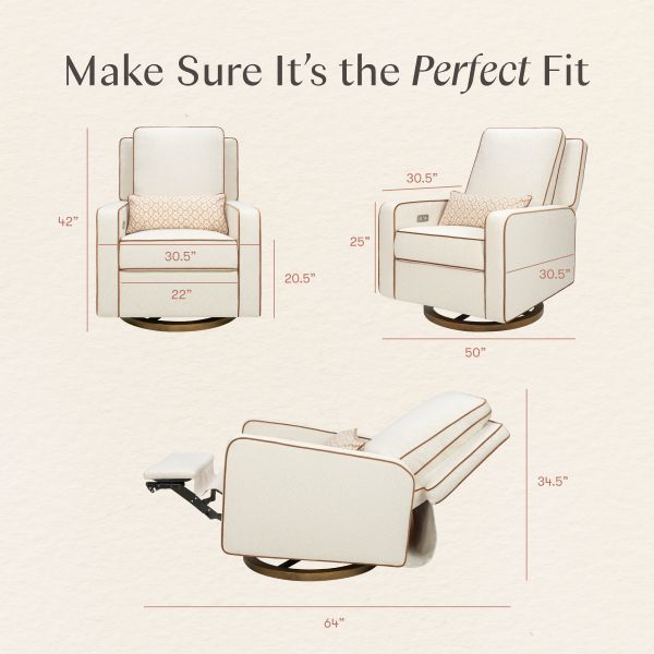 Dimension guide showing Sigi recliner front, side, and reclined measurements and Make Sure It’s the Perfect Fit