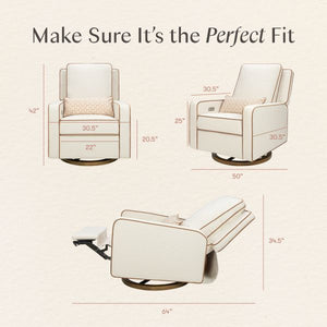 Dimension guide showing Sigi recliner front, side, and reclined measurements and Make Sure It’s the Perfect Fit