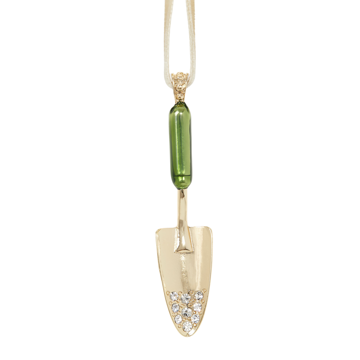 Front view of Garden Hanging Ornament Boxed Gift Set with green glass, gold-toned accents, and velvet ribbon on black