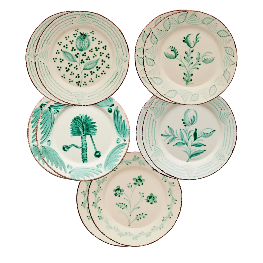Casa Nuno Green and White Dinner Plates, Mixed Patterns, Set of 10