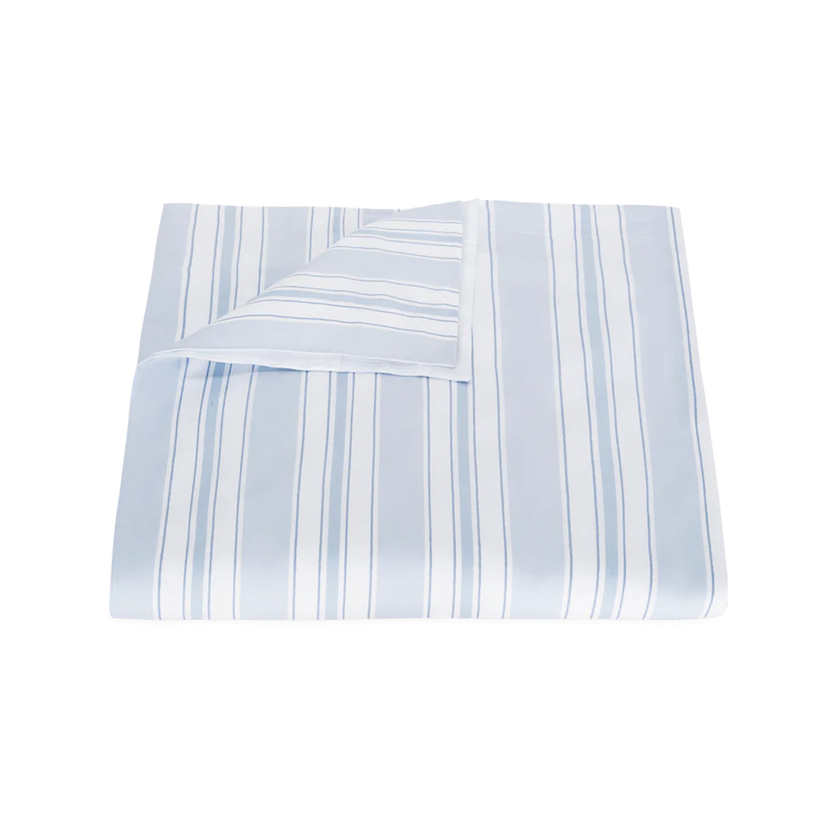 Folded view of Elio Duvet Cover showcasing blue-and-white hand-drawn vertical stripes with a flipped corner revealing the reverse on a white background
