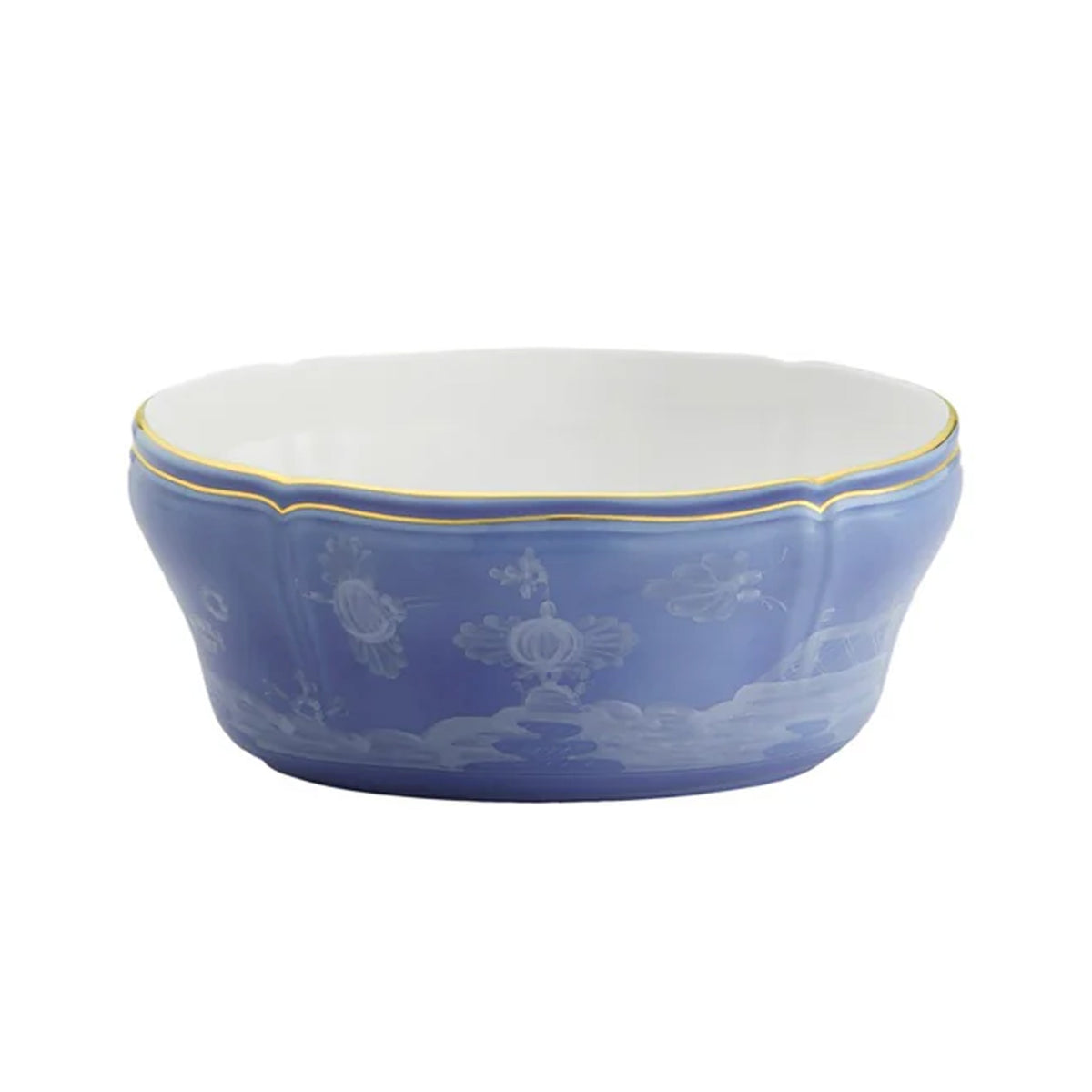 Front view of Oriente Italiano oval salad bowl in Pervinca with blue floral exterior, gold rim, and white interior