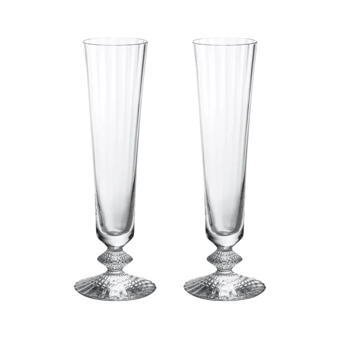 Front view of Mille Nuits Flutissimo flutes set of 2 with tall narrow bowls and faceted diamond stems on white background