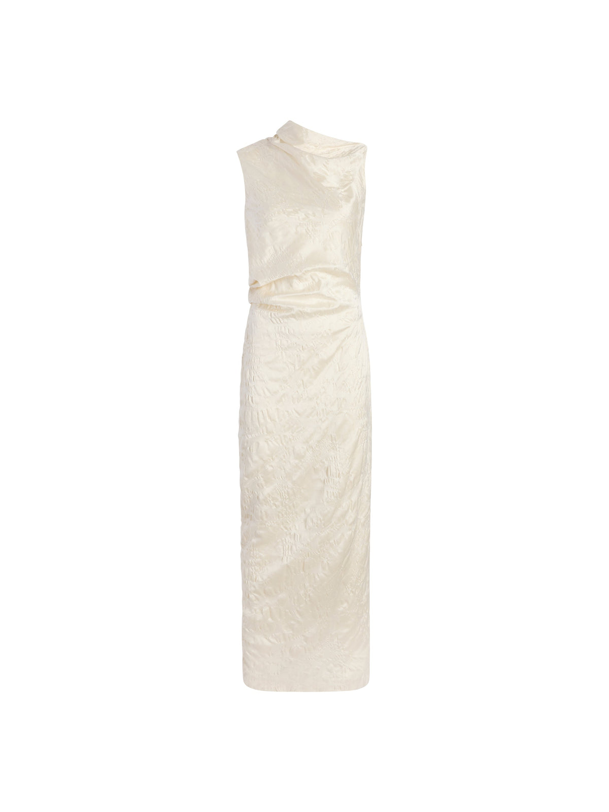 Front view of Satin Jacquard Column Dress in Ivory showcasing asymmetric drape and columnar silhouette on a white background
