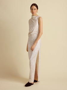 Satin Jacquard Column Dress in Ivory