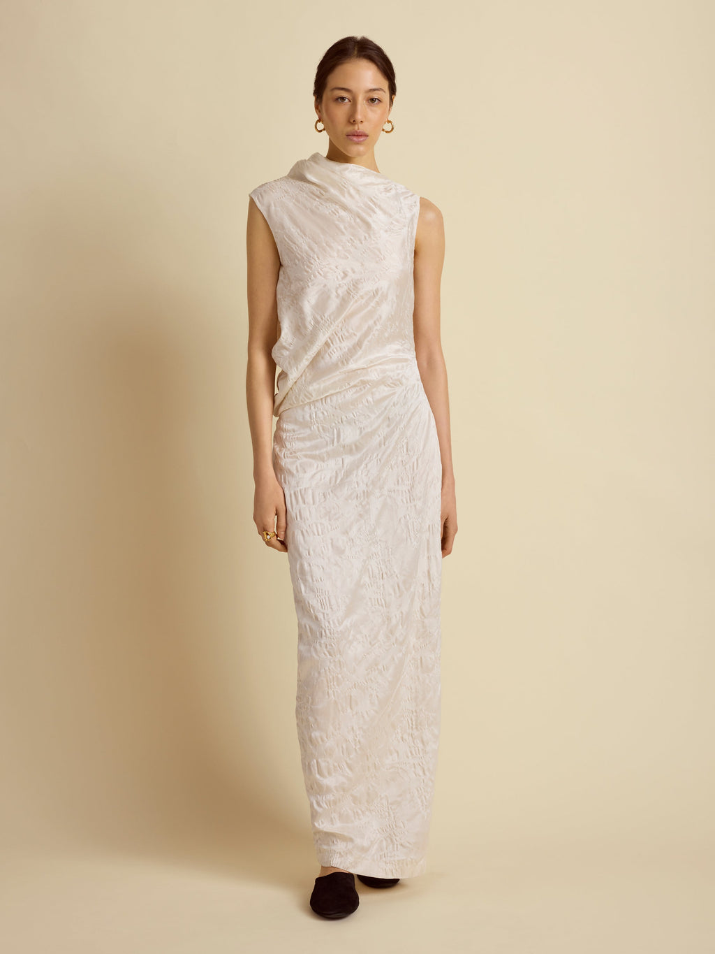 Satin Jacquard Column Dress in Ivory