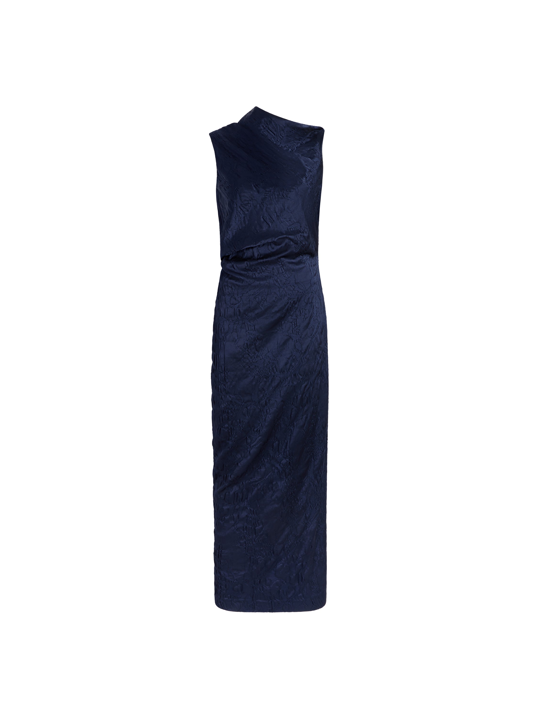 Satin Jacquard Column Dress in Navy
