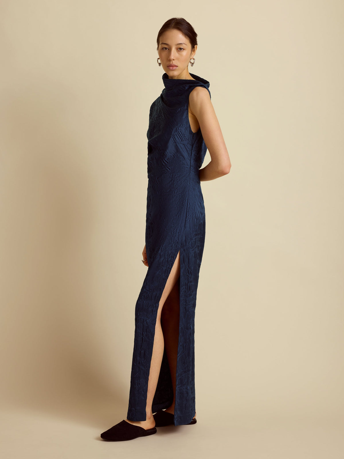 Satin Jacquard Column Dress in Navy