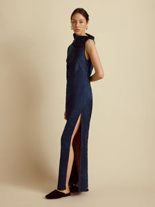 Satin Jacquard Column Dress in Navy