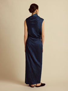 Satin Jacquard Column Dress in Navy