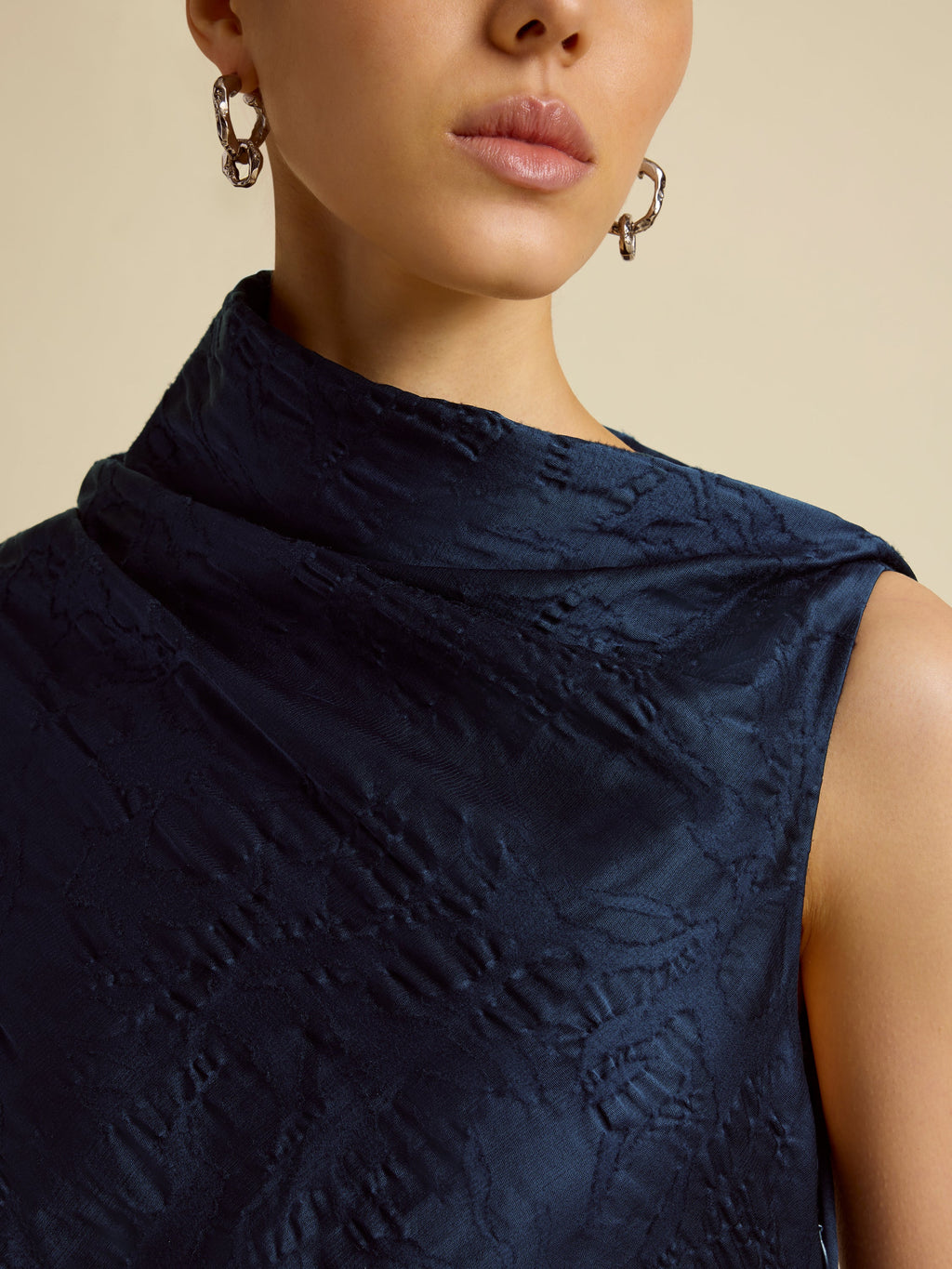 Satin Jacquard Column Dress in Navy