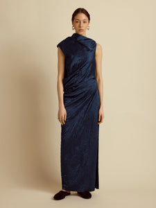 Satin Jacquard Column Dress in Navy