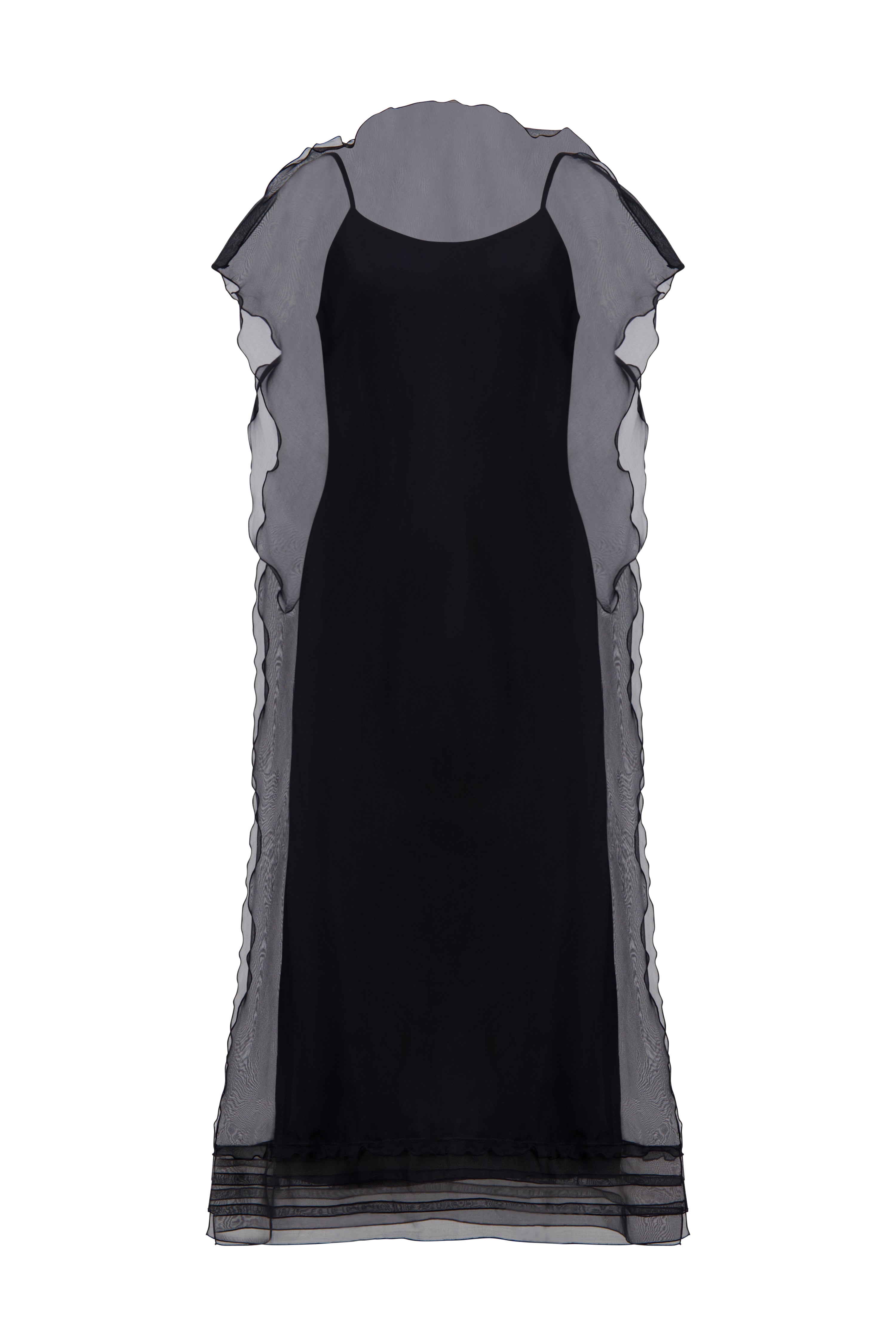 Silk Organza Sack Dress with Scalloped Edge in Black