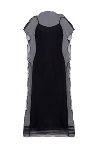 Silk Organza Sack Dress with Scalloped Edge in Black