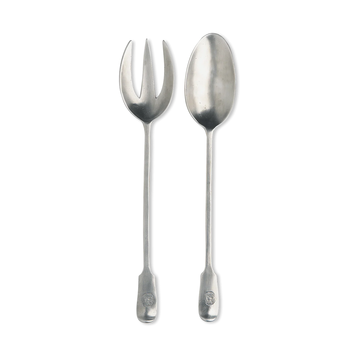Front view of Antique Serving Fork and Spoon Set showcasing pewter serving utensils with black background