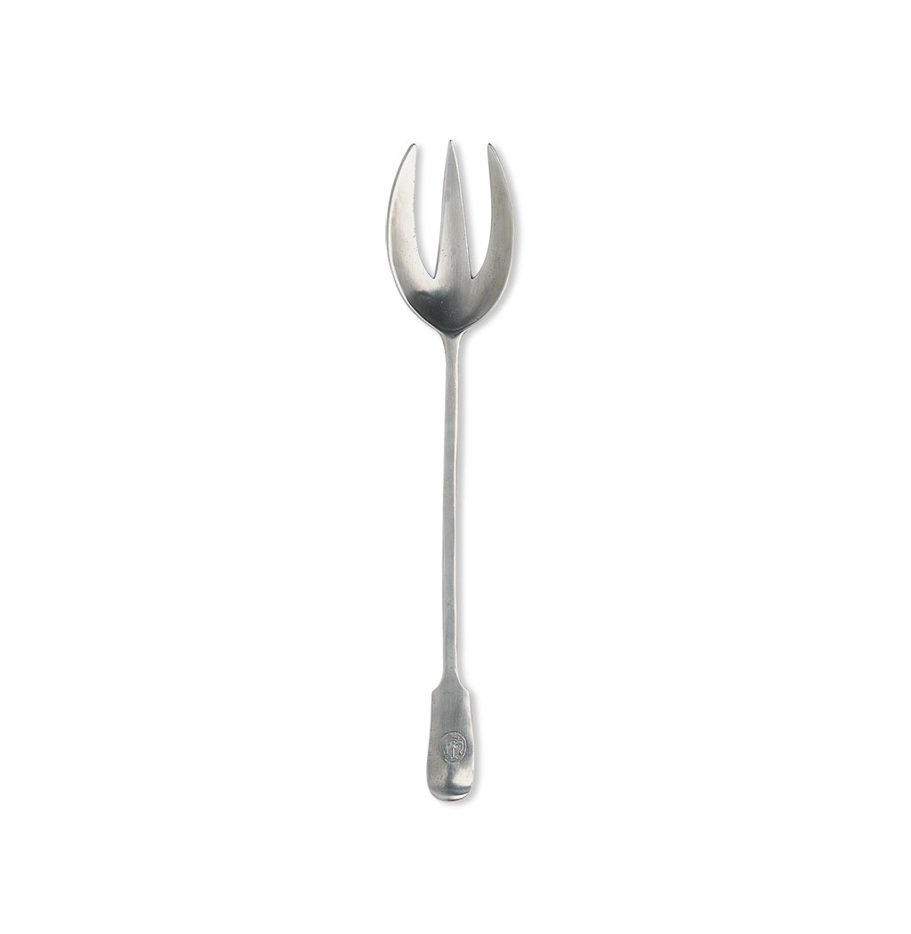 Top view of Antique Serving Fork showcasing three-prong pewter head and long tapered handle on white background