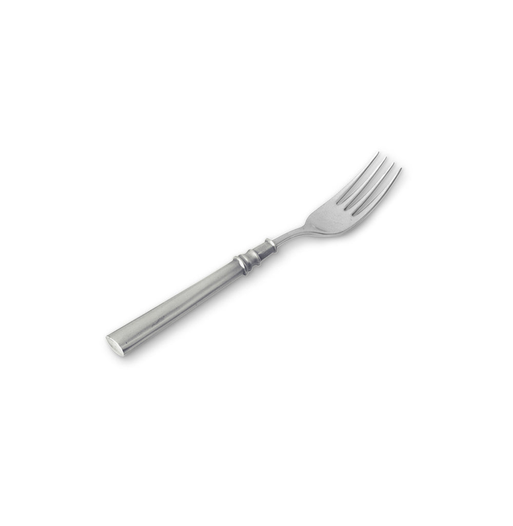 Angled view of Lucia salad fork showing pewter handle and stainless steel four-tine head on white background
