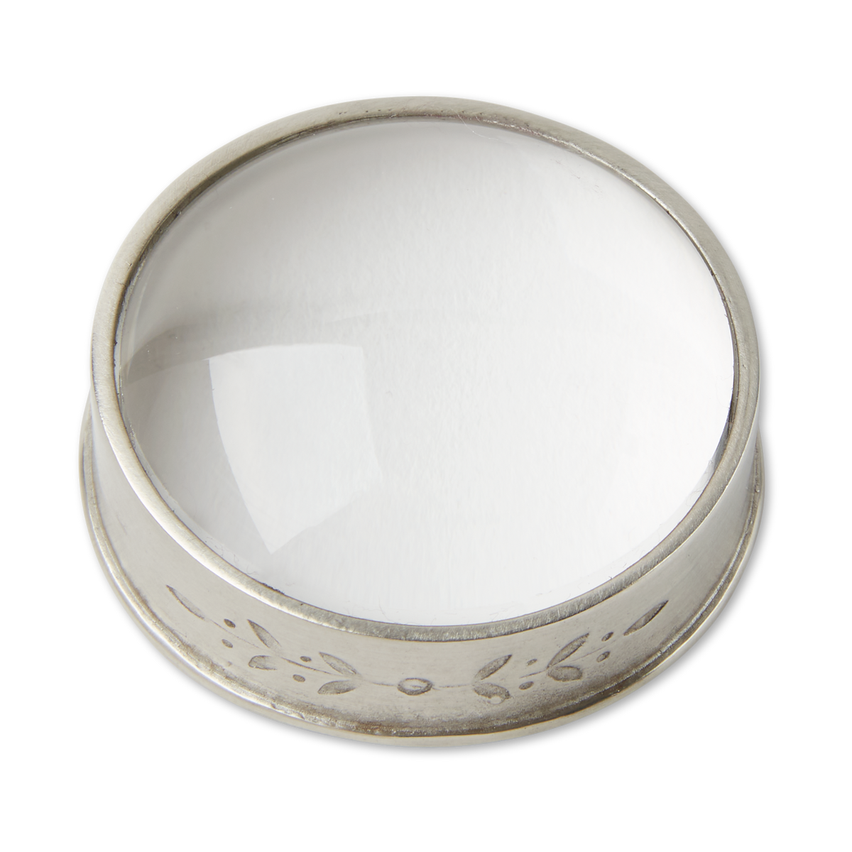 Close-up front view of Garda Magnifying Glass, Small showcasing its pewter frame and decorative etched band against a black background