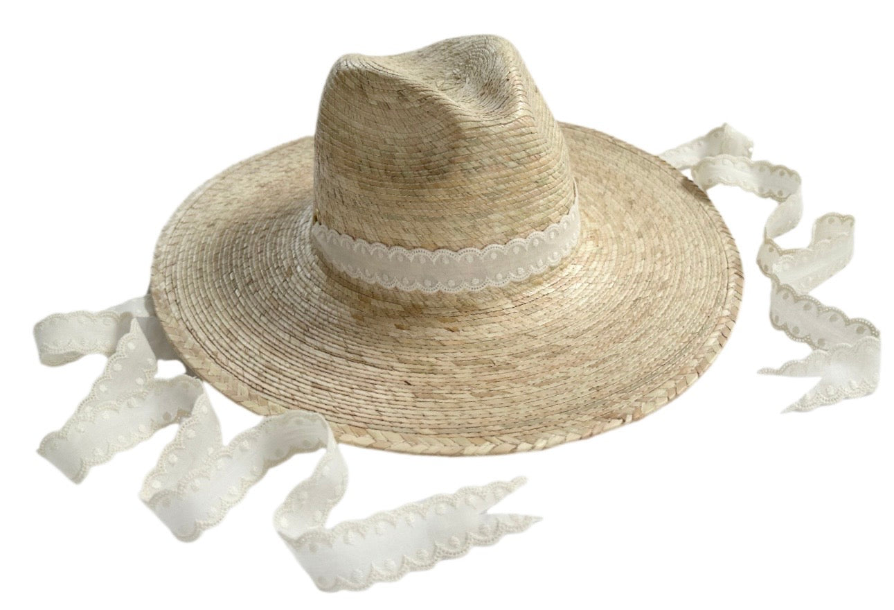 Zinnia Sun Hat in Long & Thin Vintage Eyelet Lace Ribbon