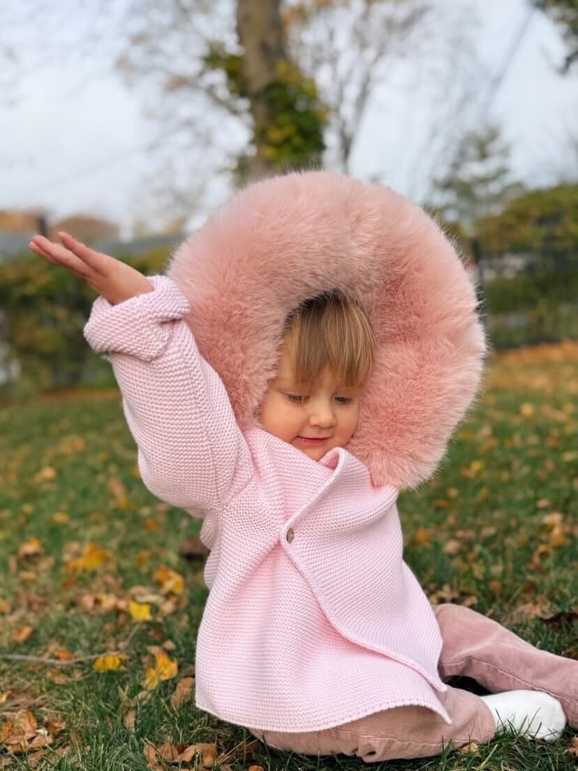 Knit Jacket with Removable Fur Hood in Pink