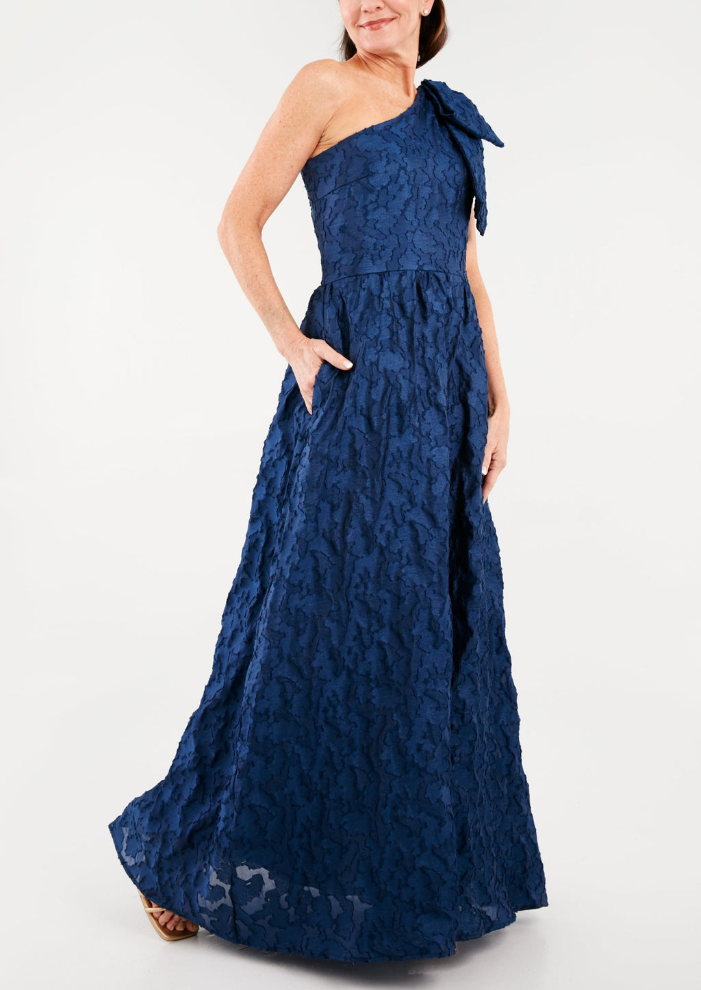 Caroline One-Shoulder Gown in Navy Organza | Over The Moon