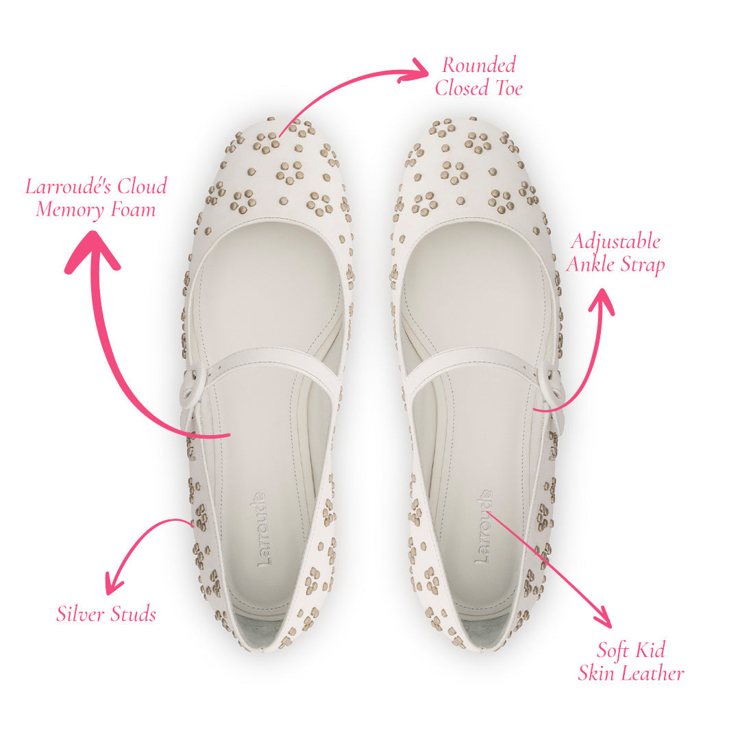 Blair Ballet Flat In White Leather and Metallic Studs