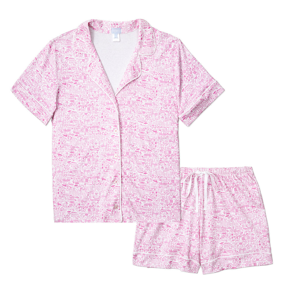 Nantucket Women's Button Front Short Pajama Set in Peony Pink