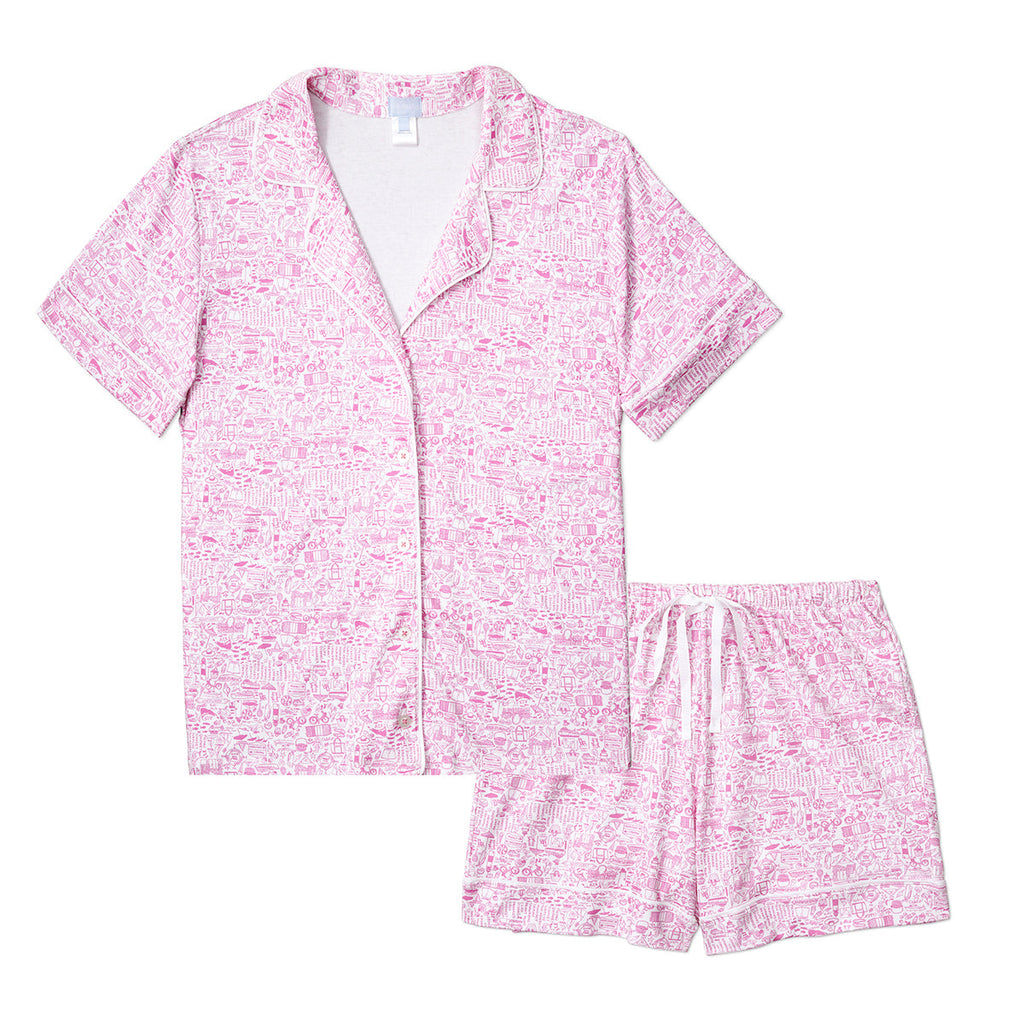 Nantucket Women's Button Front Short Pajama Set in Peony Pink