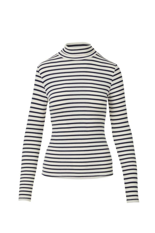 The Everyday Ribbed Turtleneck in Off White and Navy Stripe