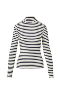 The Everyday Ribbed Turtleneck in Off White and Navy Stripe