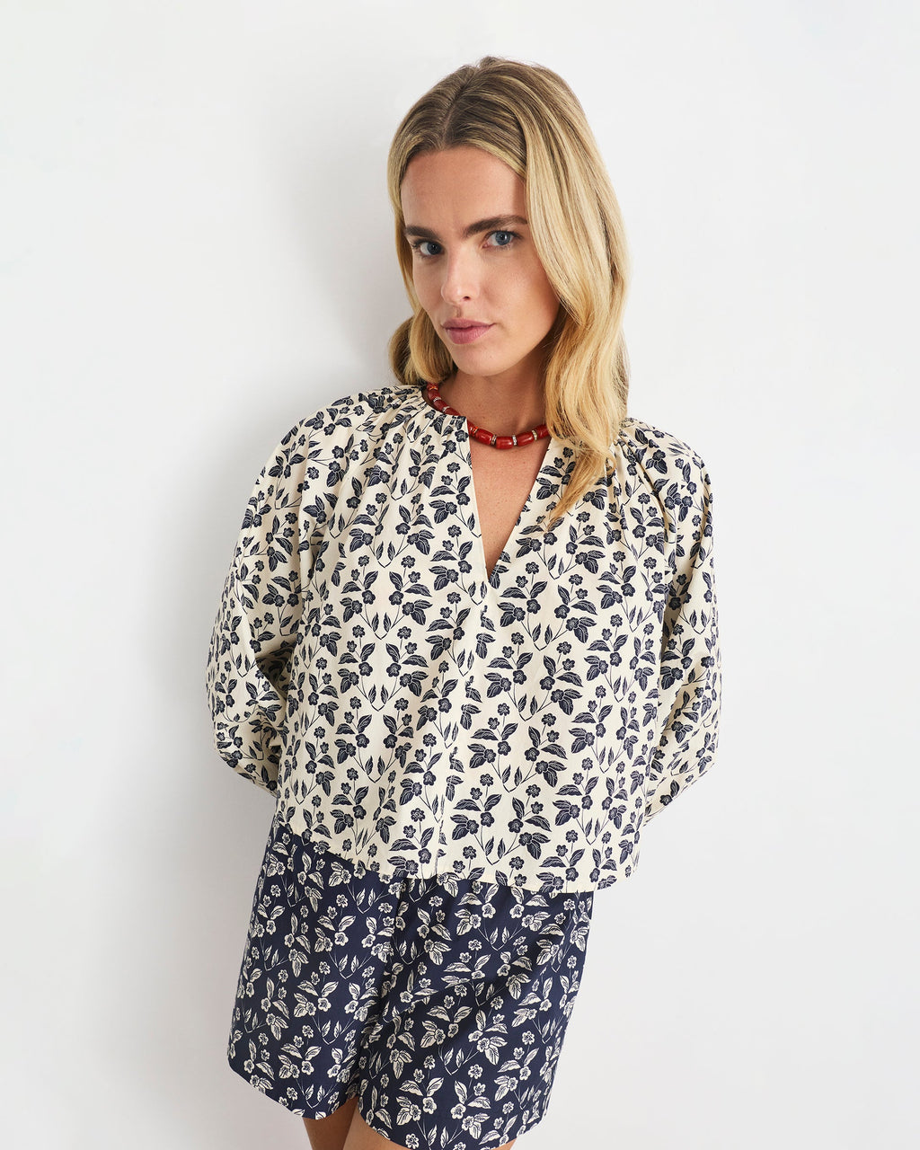 Adelina Top in Cream/Maritime Blue Multi