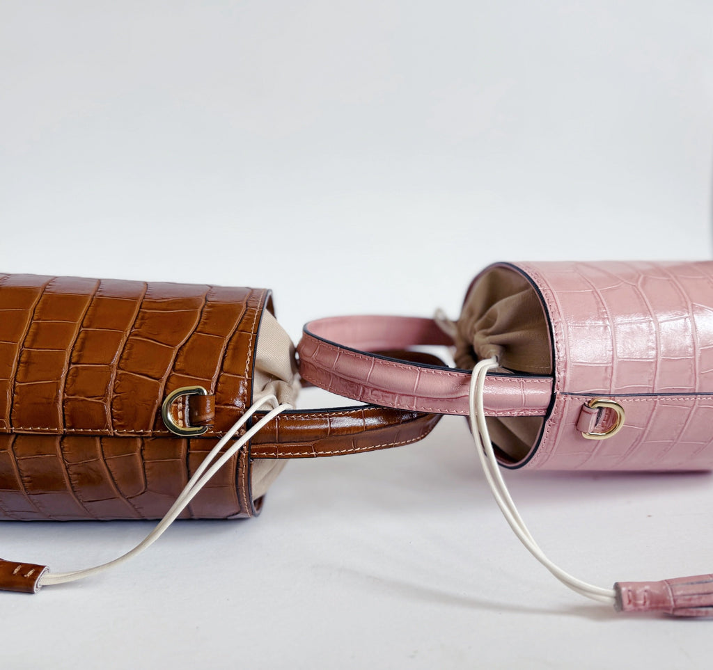 Embossed Croc Bucket Bag in Camel