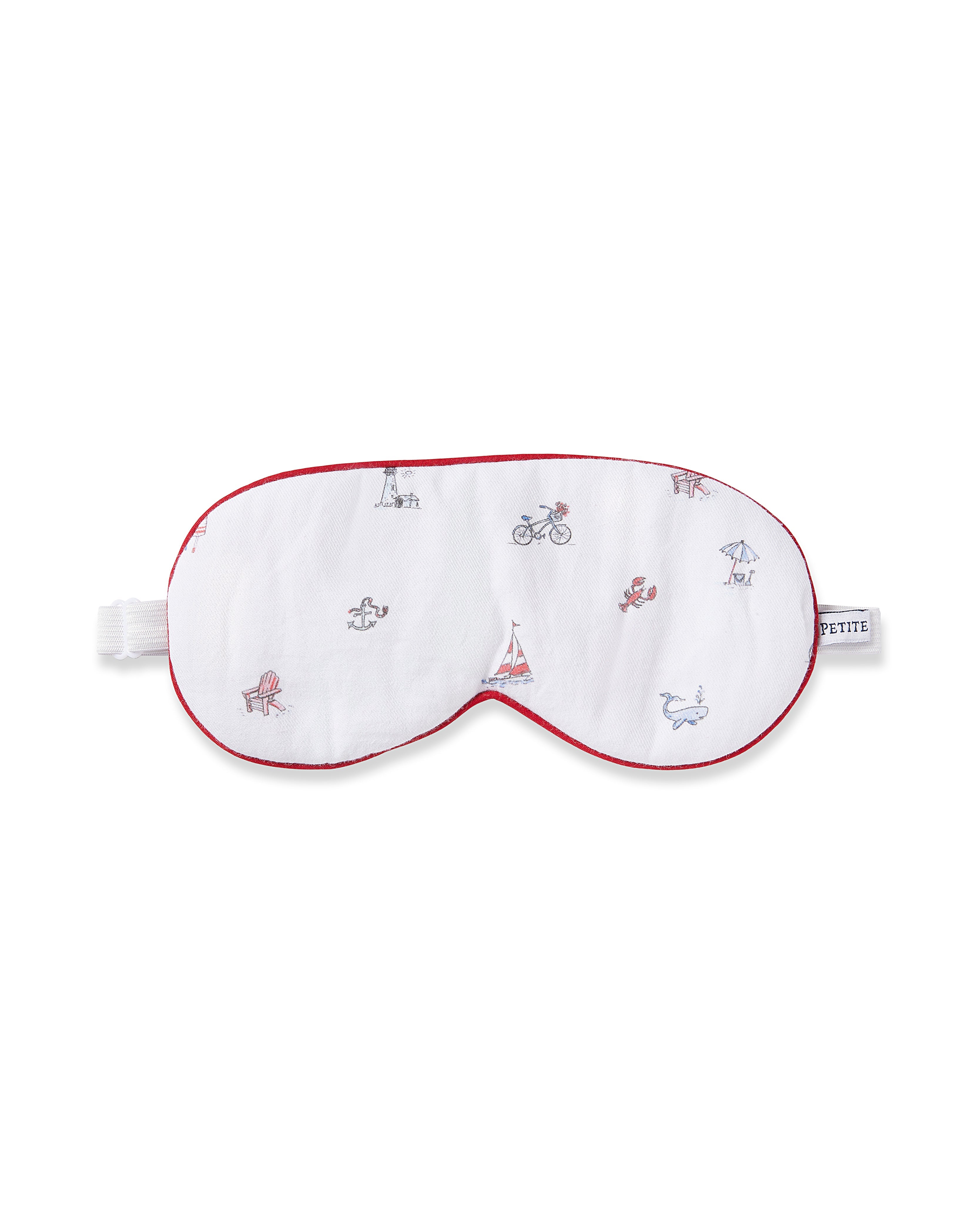 The Adults Twill Sleep Mask in Coastal Charms by Petite Plume features vibrant beach-themed prints like sunbathing and cycling. With white fabric and red trim, its a stylish sleep accessory, ideal for monogrammed gifts for beach lovers.