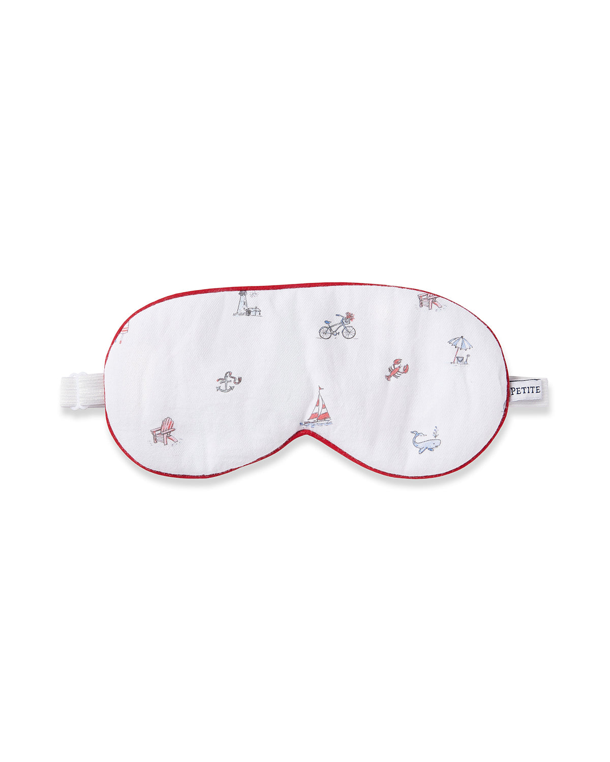 The Adults Twill Sleep Mask in Coastal Charms by Petite Plume features vibrant beach-themed prints like sunbathing and cycling. With white fabric and red trim, its a stylish sleep accessory, ideal for monogrammed gifts for beach lovers.