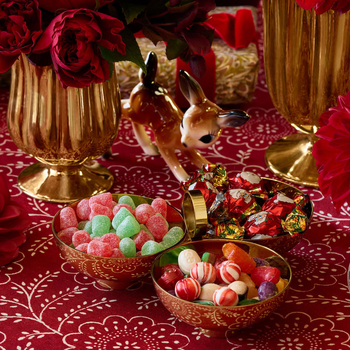 AERIN Pauline gold vases styled for the holidays